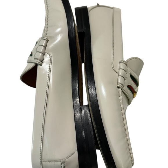 Men Genuine GUCCI Kaveh Webbing White Leather Loafers Shoes GG logo 9.5 US